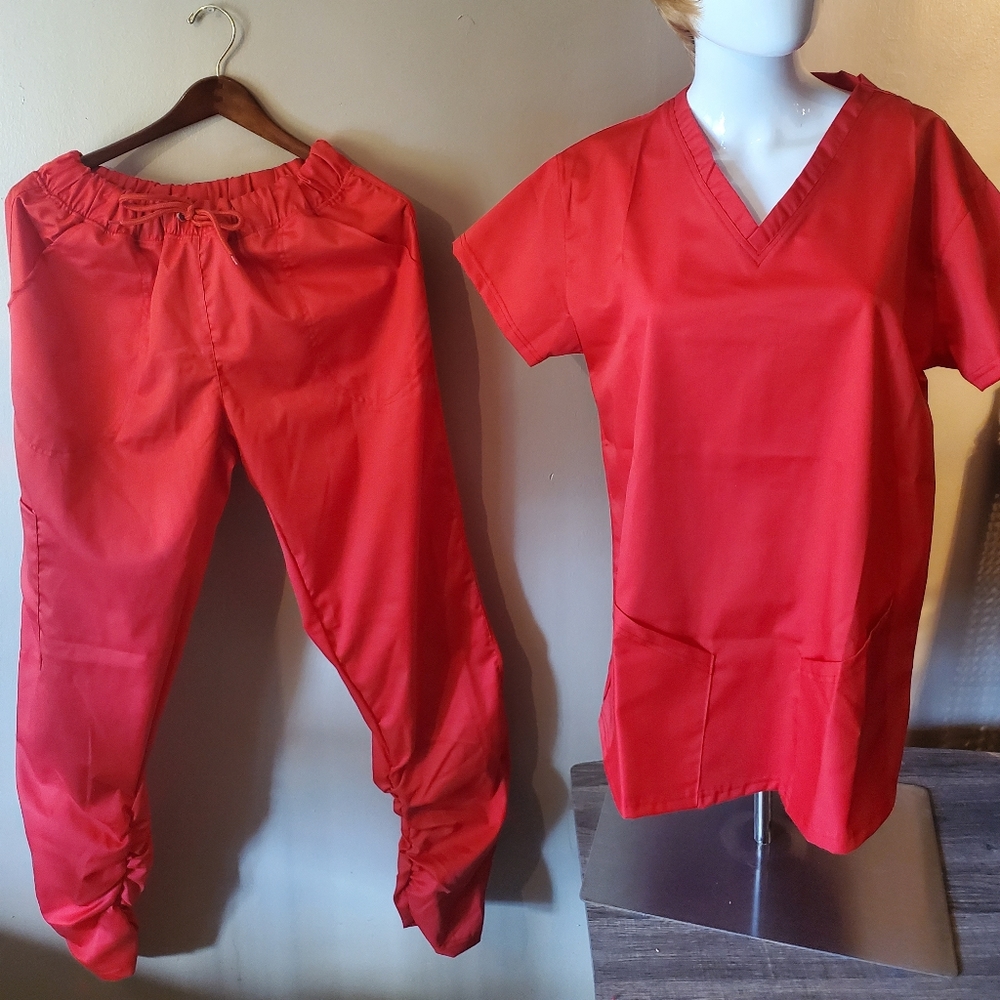 Fashion Unisex V-Neck, Stacked Pants. Medical Scrub Uniform Set. XL. Color- Red.
